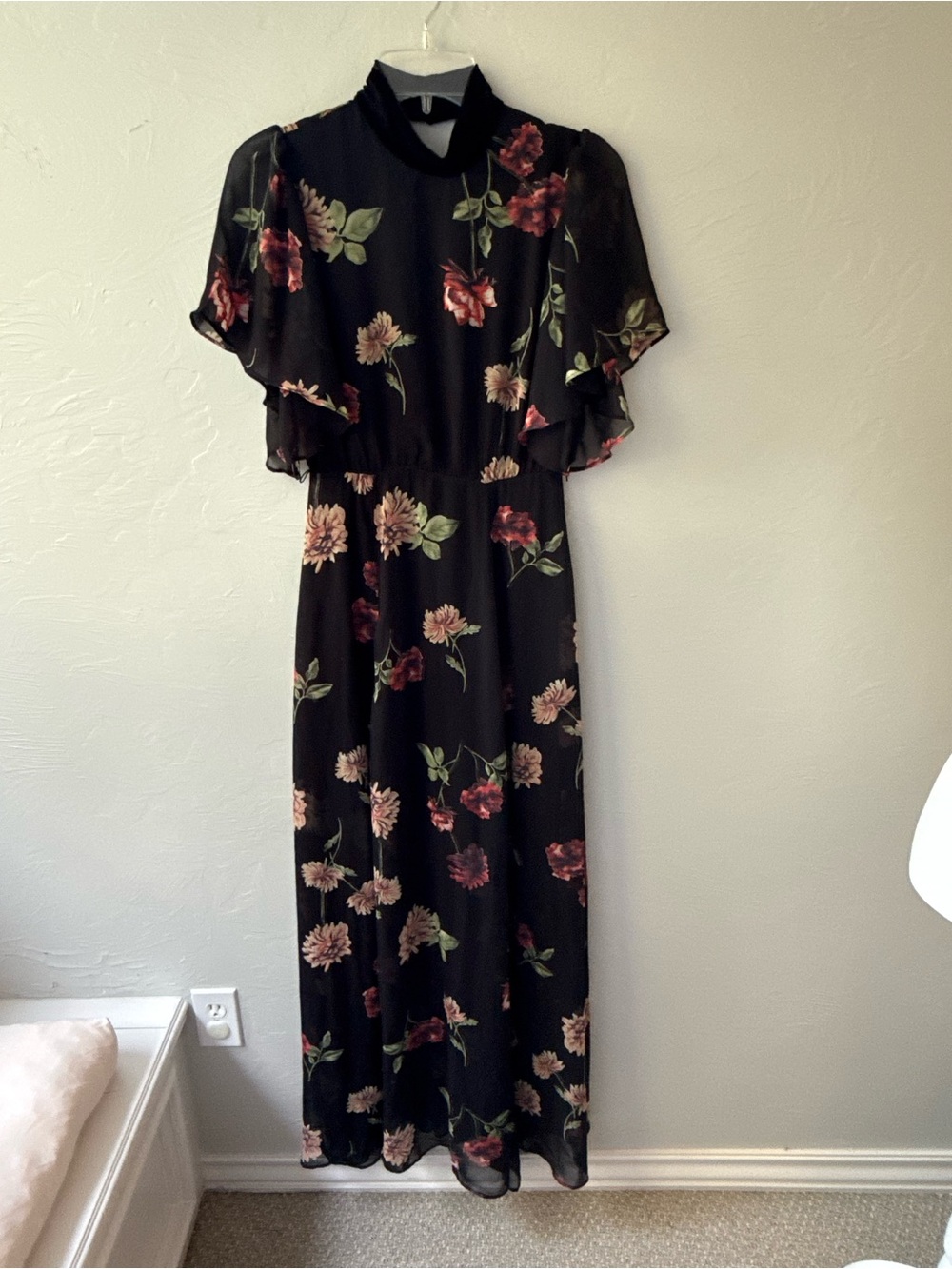 Lulus XS Gothic Black Floral Maxi Dress Velvet Mock Neck Sheer